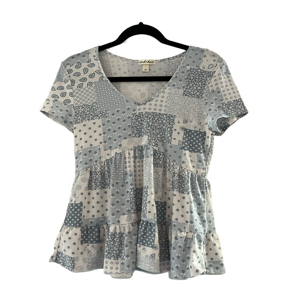 Derek Heart Blue and White Patchwork Blouse